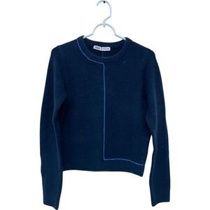 Zara Womens Sweater Size S Blue Knit Contrast Piping Crewneck wool 5536/202 NWT